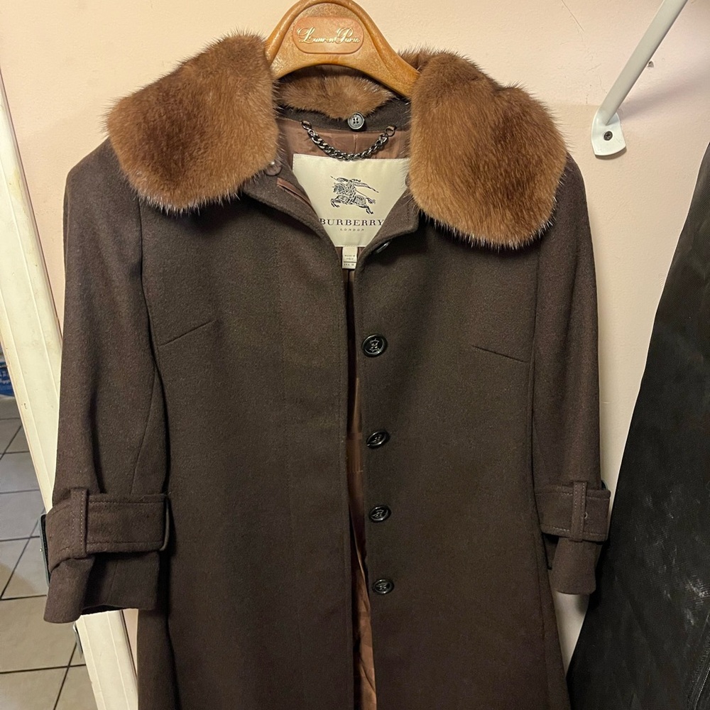 Burberry London Dark Brown Coat with mink trim